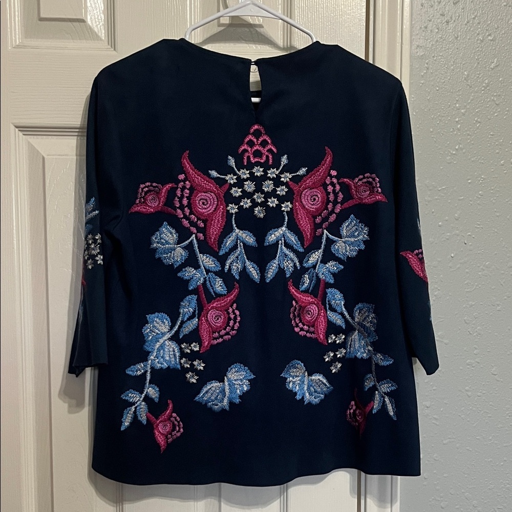 Zara Faux Suede Dark Blue Blouse with Pink and Blue Embroidery- Size Small - Picture 3 of 5